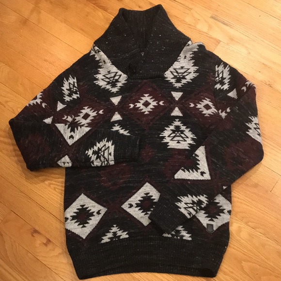 Mens TRASH NOUVEAU Aztec Tribal Black Gray Burgundy Toggle Shawl Neck Sweater M - Picture 10 of 16
